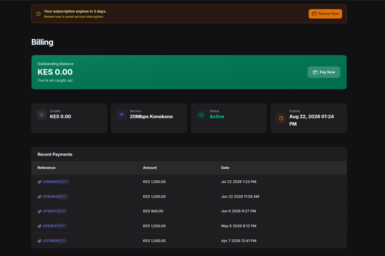 LimeFiber customer portal billing page showing outstanding balance, service status, expiry date and recent M-Pesa payments